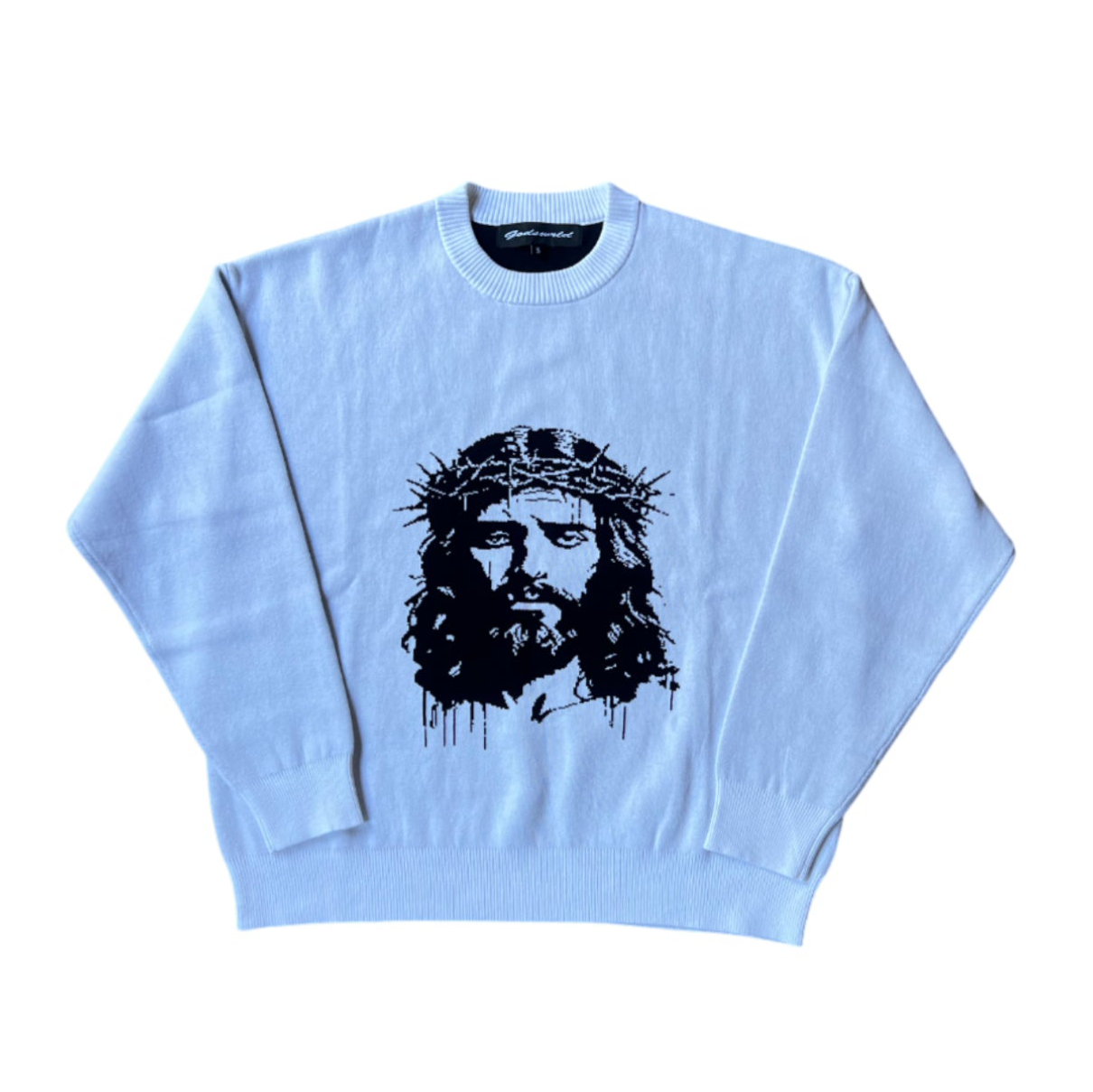 "THE WORLD NEEDS JESUS CHRIST" KNIT WHITE SWEATER